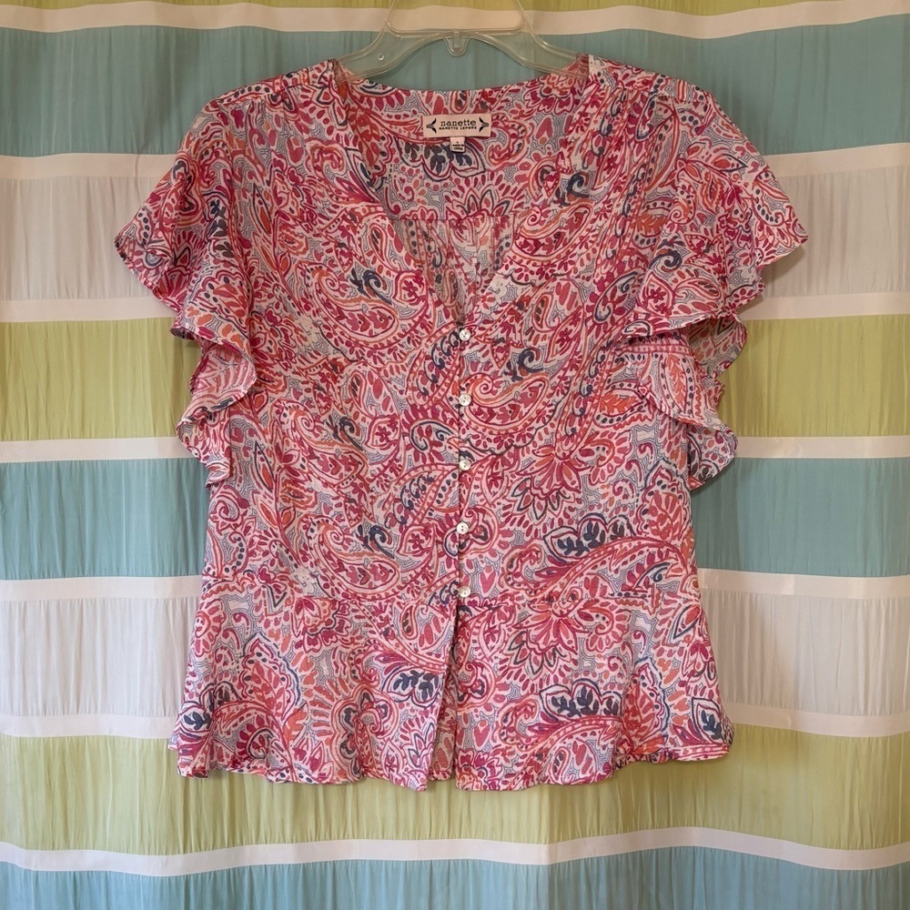 Nanette Lepore Paisley Ruffle-Sleeve Peplum Blouse Sz Large - Picture 9 of 9